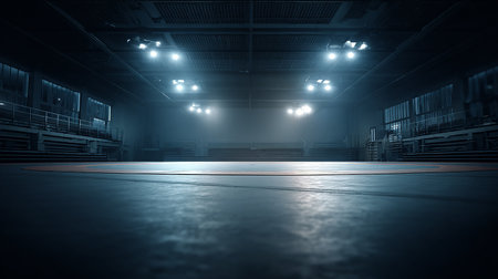 Empty warehouse interior with lights and reflections. 3d rendering toned imageの素材