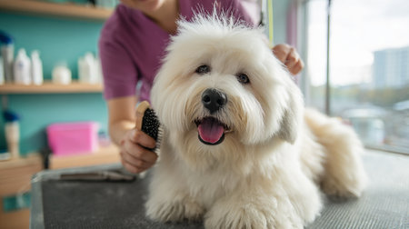 Hairdresser combing dog's hair in salon, closeupの素材