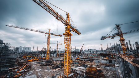 Construction site with cranes and building under construction, Moscow, Russiaの素材