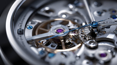 Closeup detail of mechanical watch mechanism. Selective focus with shallow depth of field.の素材