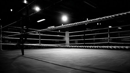 low angle view of a boxing ring with ropes and lights in black and whiteの素材