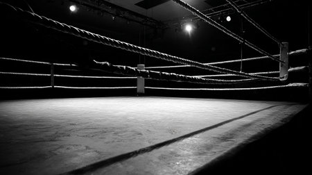 Black and white photo of a boxing ring with ropes and ropes.の素材
