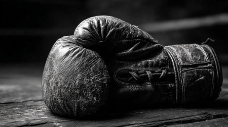 Boxing gloves on a wooden background. Black and white photo.の素材