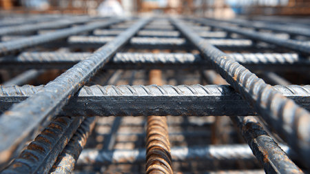 Reinforcing bars for reinforced concrete, close-up. Construction backgroundの素材
