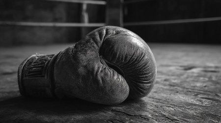 Boxing gloves lying on the floor. Black and white photo.の素材