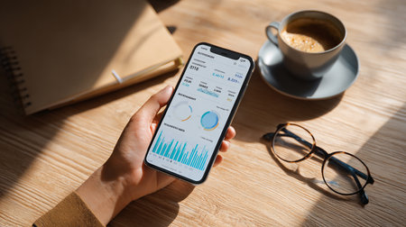 cropped view of businesswoman using smartphone with financial charts on screenの素材