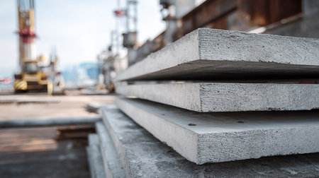 Stack of concrete slabs at a construction site. Selective focus.の素材