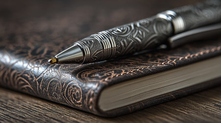 Pen and book on a wooden table. Shallow depth of field.の素材