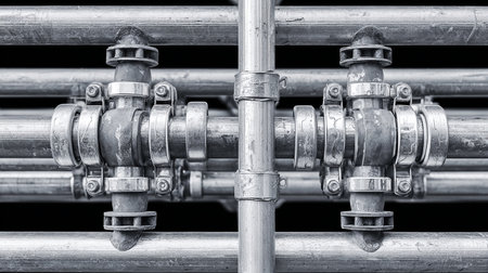 Pipes and valves in black and white, closeup of photoの素材