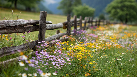 Wildflowers and wooden fence in a meadow in the mountainsの素材