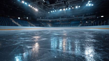 Ice hockey arena with lights and blue skates. Blurred backgroundの素材