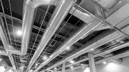 Industrial air conditioning and ventilation systems in a factory, black and whiteの素材
