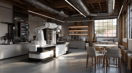 3d rendering of industrial robot working in the kitchen of a factoryの素材