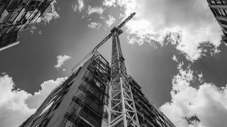 Black and white image of a construction site with a tower crane.の素材