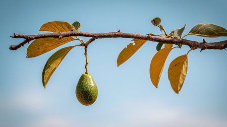 Avocado on a branch with leaves and blue sky in the backgroundの素材
