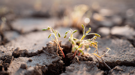 Sprouts of seedlings growing on cracked earth. Concept of droughtの素材