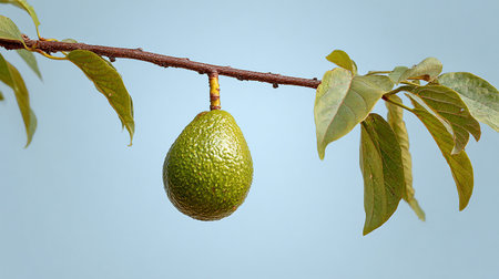 Avocado on a branch with leaves on a blue sky background.の素材