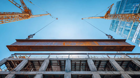 Construction of a high-rise building with cranes on a background of blue skyの素材