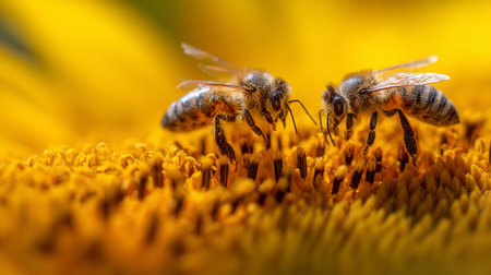Close up of bees on a sunflower. Shallow depth of field.の素材