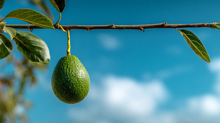 Avocado on a branch with leaves against the blue sky with cloudsの素材