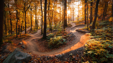 Path in the autumn forest at sunset. Landscape with a path in the forest.の素材