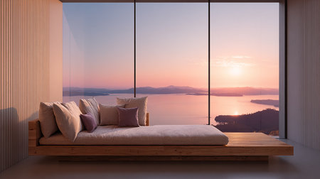 Luxury modern bedroom with sea view. 3d rendering.の素材