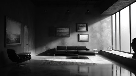 3d rendering of a modern living room with black leather sofa and art paintingsの素材