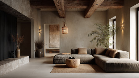 Interior of modern living room with wooden walls, concrete floor, brown sofa and wooden coffee table. 3d renderingの素材