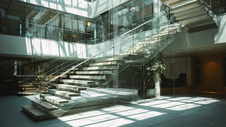 interior of a modern office building with glass walls and stairs.の素材