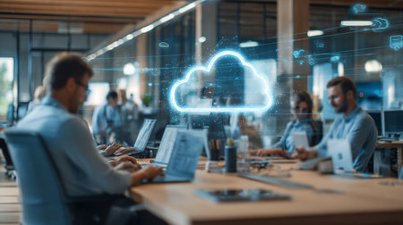 Business people working together in modern office. Cloud computing concept. Double exposure.の素材