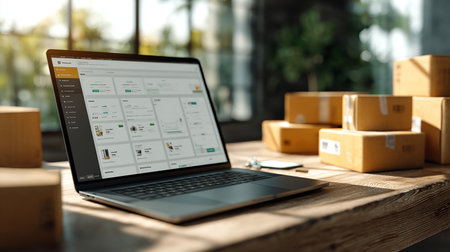 Closeup of laptop and parcels on wooden table. Online shopping conceptの素材