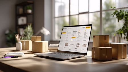 Laptop with delivery app on screen on table in office. Online shopping conceptの素材