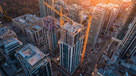 Aerial view of modern skyscrapers under construction with crane.の素材