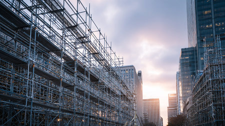Scaffolding at the construction site of a modern building in Hong Kongの素材