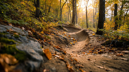 Path in autumn forest. Landscape with autumn trees and road.の素材