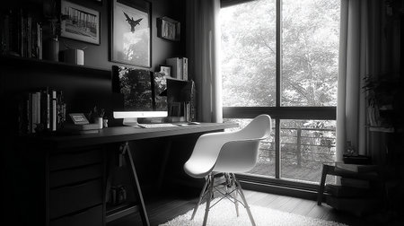 A black and white shot of a desk and a chair in a home officeの素材