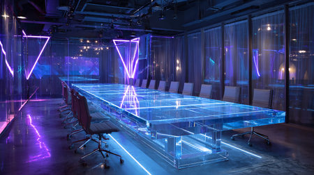 Modern conference room interior with glowing neon lights. 3D Renderingの素材