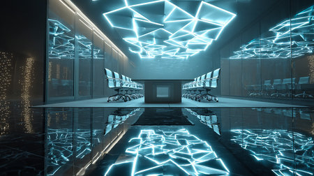 3d rendering of modern office interior with neon glowing lights on wallの素材