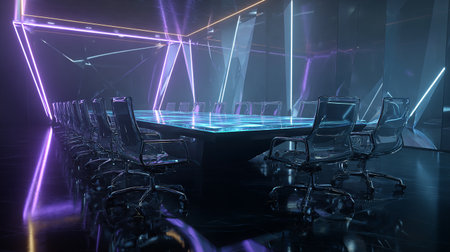 3D rendering of a futuristic conference room with neon lights in the backgroundの素材
