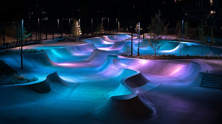 Skate park at night with blue illumination. Long exposure photo.の素材