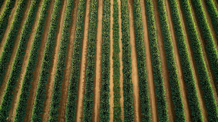 Aerial view of rows of soybean plants in a field. Agricultural landscapeの素材