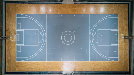 Top view of basketball court with white and blue markings on wooden surfaceの素材