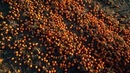 Pumpkin field with ripe orange tomatoes in autumn. Selective focus.の素材