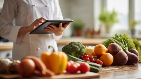 Close-up of female chef using digital tablet while cooking in kitchenの素材
