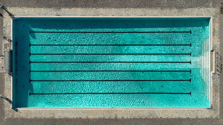 Swimming pool with blue water in a sunny day. Aerial viewの素材