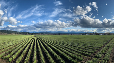 Agricultural field in the spring. Agricultural landscape with rows of young sprouts.の素材