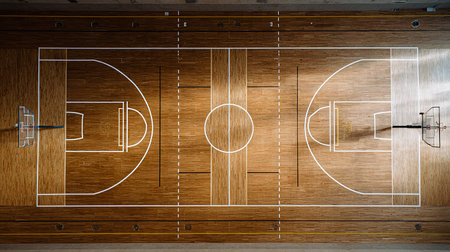 3d rendering of a football field with markings on the floor in a gymの素材
