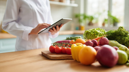 Close-up of female chef using digital tablet while standing in kitchenの素材
