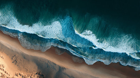 Aerial view of a beach with turquoise ocean waves.の素材
