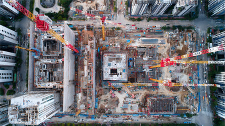 Aerial view of construction site with cranes and building under constructionの素材